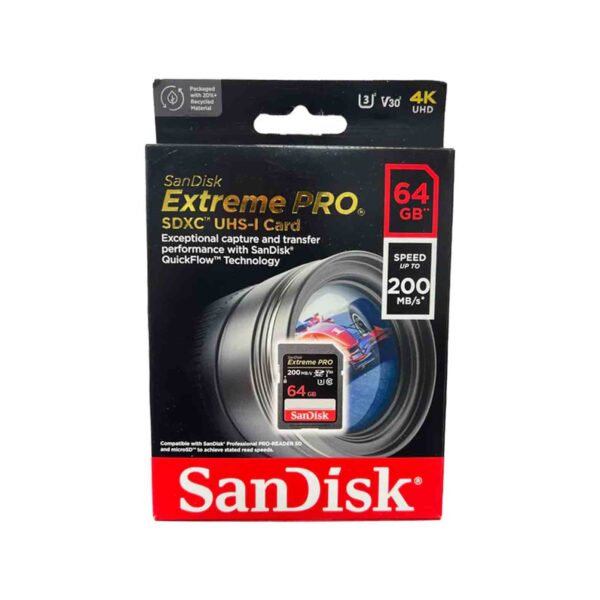 کارت حافظه دوربین سن دیسک مدل Extreme PRO 4K ظرفیت 64 گیگابایت سرعت 200 مگابایت بر ثانیه Sandisk camera memory card model Extreme PRO 4K 64GB 200MBps | لایف رایان
